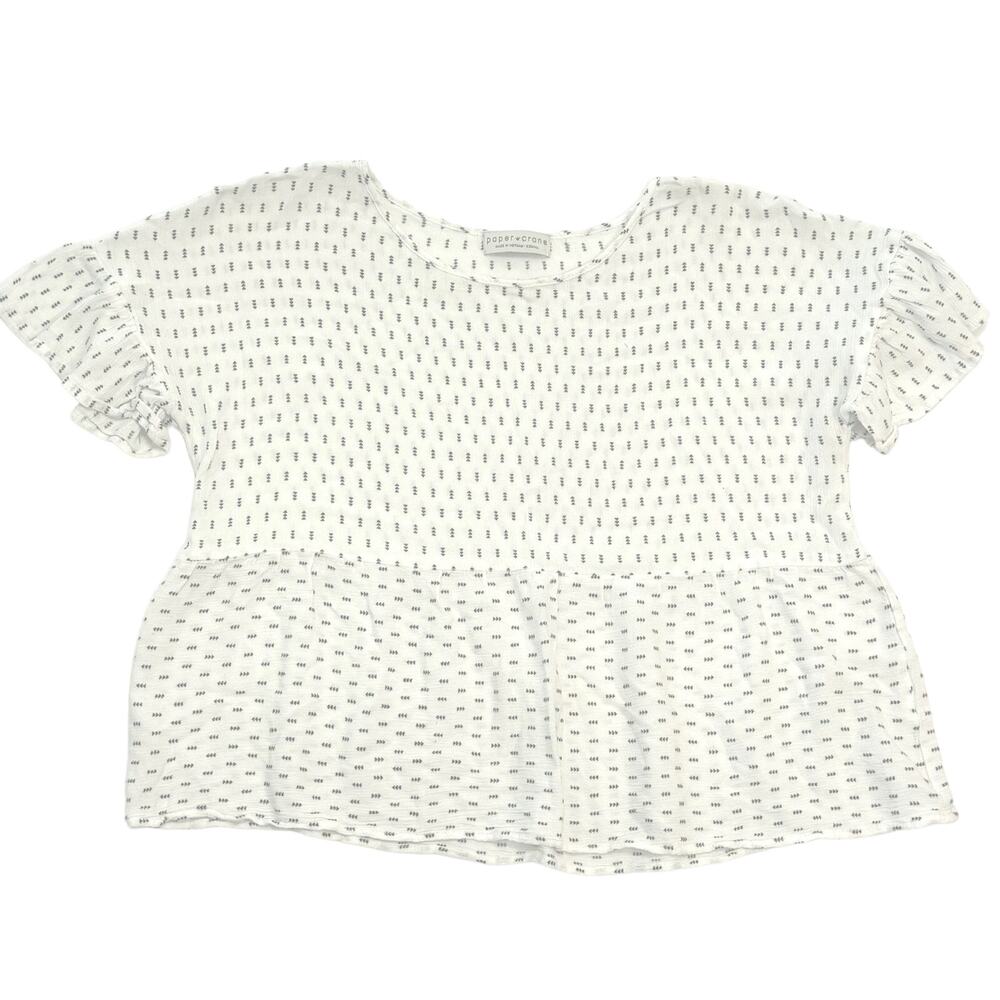 Paper crane white gauze black dot peplum short sleeve cropped blouse size XS